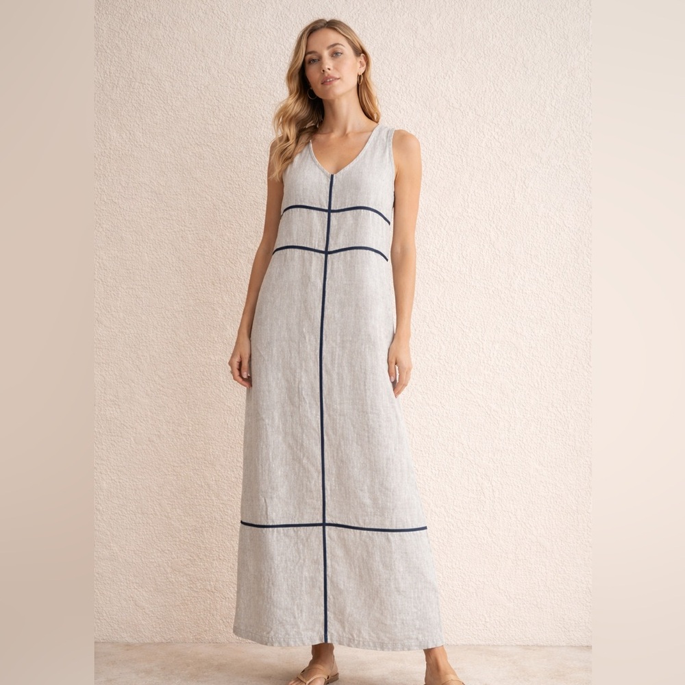 Vintage Garron Natural Linen Maxi Dress Sleeveless Minimalist Coastal Chic